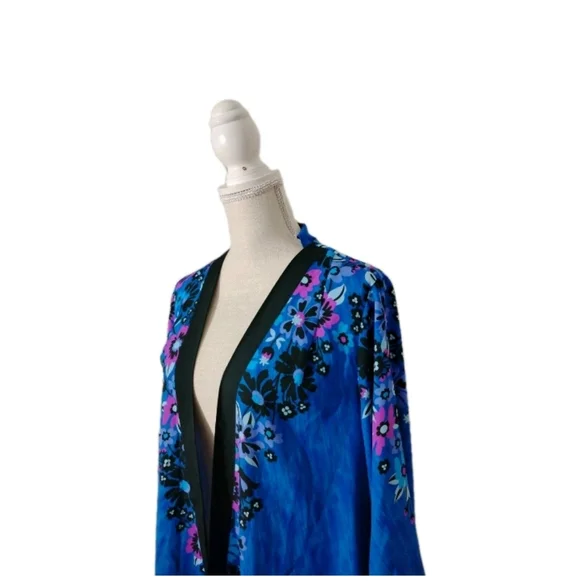 Bob Mackie Evocative Kimono Cardigan Coverup Top XL Blue Floral Open Front - Picture 2 of 5